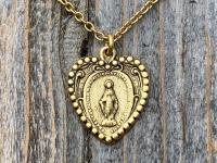 Antique Gold Heart Shaped Miraculous Medal Pendant Necklace, Antique Replica, Heart Miraculous Medal, Blessed Virgin Mary Pendant M4