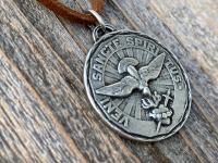 Large Silver Pewter Come Holy Ghost Medal Pendant Necklace, Latin Antique Replica, Veni Sancte Spiritus Medal, Sacred Heart of Jesus Medal