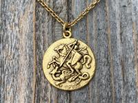 Antique Gold Plated St George Medal Pendant Necklace, Antique Replica, Rare Saint George Medal, Protection against Christ's enemies, Dragon