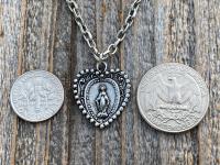 Silver Pewter Heart Shaped Miraculous Medal Pendant Necklace, Antique Replica, Blessed Virgin Mary Pendant, Rare Unusual Miraculous Medal M4