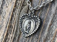 Silver Pewter Heart Shaped Miraculous Medal Pendant Necklace, Antique Replica, Blessed Virgin Mary Pendant, Rare Unusual Miraculous Medal M4