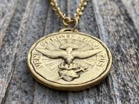 Large Antique Gold Plated Come Holy Spirit Medal Pendant Necklace, Latin Antique Replica, Veni Sancte Spiritus Medal, Sacred Heart of Jesus