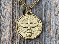 Large Antique Gold Plated Come Holy Spirit Medal Pendant Necklace, Latin Antique Replica, Veni Sancte Spiritus Medal, Sacred Heart of Jesus