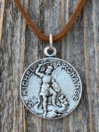 Silver Pewter St Michael French Medal Necklace, Antique Replica, Saint Michael the Archangel, St Michel, Protection against the devil Satan