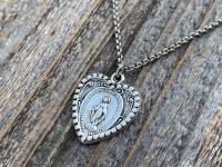 Silver Plated Heart Shaped Miraculous Medal Pendant Necklace, Antique Replica, Blessed Virgin Mary Pendant, Rare Unusual Miraculous Medal M4