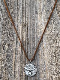 Large Silver Pewter Come Holy Ghost Medal Pendant Necklace, Latin Antique Replica, Veni Sancte Spiritus Medal, Sacred Heart of Jesus Medal