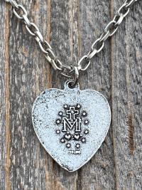 Silver Pewter Heart Shaped Miraculous Medal Pendant Necklace, Antique Replica, Blessed Virgin Mary Pendant, Rare Unusual Miraculous Medal M4