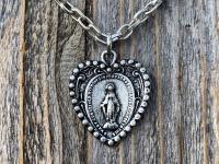 Silver Pewter Heart Shaped Miraculous Medal Pendant Necklace, Antique Replica, Blessed Virgin Mary Pendant, Rare Unusual Miraculous Medal M4