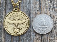 Large Antique Gold Plated Come Holy Spirit Medal Pendant Necklace, Latin Antique Replica, Veni Sancte Spiritus Medal, Sacred Heart of Jesus