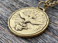 Large Antique Gold Plated Come Holy Spirit Medal Pendant Necklace, Latin Antique Replica, Veni Sancte Spiritus Medal, Sacred Heart of Jesus