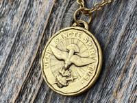 Large Antique Gold Plated Come Holy Spirit Medal Pendant Necklace, Latin Antique Replica, Veni Sancte Spiritus Medal, Sacred Heart of Jesus