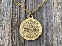 Antique Gold Plated St Benedict Medal Pendant Necklace, French Antique Replica, Rare Saint Benedict Medal, Benedict of Nursia OSB, Benoit