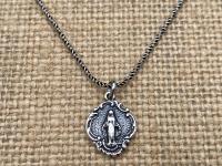 Sterling Silver Petite Miraculous Medal, Antique Replica, Pendant Necklace, Blessed Virgin Mary, Small Miraculous Medal .925 Spiga Chain MM3