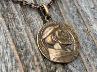 Bronze St Francis of Assisi Medal Pendant Necklace, French Antique Replica, Signed by Louis Tricard, Saint Francois D'Assise Priez Pour Nous