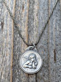 Sterling Silver Dainty Angel Medal Pendant Necklace, French Antique Replica, Signed by artist Brandt, Putti Medallion Pendant from France