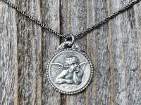 Sterling Silver Dainty Angel Medal Pendant Necklace, French Antique Replica, Signed by artist Brandt, Putti Medallion Pendant from France