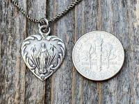 Sterling Silver Dainty Blessed Virgin Mary Heart Pendant Necklace, French 19th Century Antique Replica, Small Our Lady Medallion, France, H3