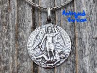 Shiny Sterling Silver St Michael Medal Pendant Necklace, French Antique Replica, Artist L Tricard, Ora Pro Nobis, Saint Michael Pray for Us