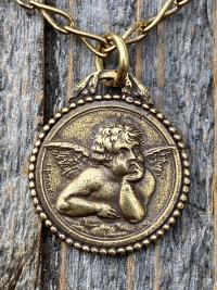 Antique Gold Dainty Angel Medal Pendant Necklace, French Antique Replica, Signed by artist Brandt, Putti Medallion Pendant from France