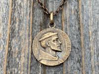 Bronze St Francis of Assisi Medal Pendant Necklace, French Antique Replica, Signed by Louis Tricard, Saint Francois D'Assise Priez Pour Nous