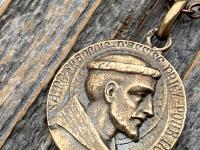 Bronze St Francis of Assisi Medal Pendant Necklace, French Antique Replica, Signed by Louis Tricard, Saint Francois D'Assise Priez Pour Nous