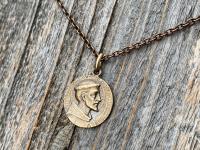 Bronze St Francis of Assisi Medal Pendant Necklace, French Antique Replica, Signed by Louis Tricard, Saint Francois D'Assise Priez Pour Nous