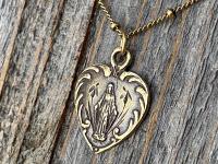 Antique Gold Dainty Blessed Virgin Mary Heart Pendant Necklace, French 19th Century Antique Replica, Small Our Lady Medallion from France H3