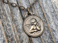 Bronze Dainty Angel Medal Pendant Necklace, French Antique Replica, Signed by artist Brandt, Putti Medallion Charm Pendant from France