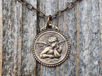 Bronze Dainty Angel Medal Pendant Necklace, French Antique Replica, Signed by artist Brandt, Putti Medallion Charm Pendant from France