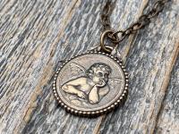 Bronze Dainty Angel Medal Pendant Necklace, French Antique Replica, Signed by artist Brandt, Putti Medallion Charm Pendant from France