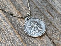 Sterling Silver Dainty Angel Medal Pendant Necklace, French Antique Replica, Signed by artist Brandt, Putti Medallion Pendant from France