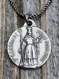 Sterling Silver St Gertrude the Great Medal Pendant Necklace, Signed by French artists Karo & AP Penin, Gertrude Charm, Patron Saint of Cats