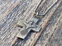 Sterling Silver Small Descending Holy Spirit Cross Pendant Necklace, Antique Replica, Descending Dove Fire Medal, Veni Sancte Spiritus, C1