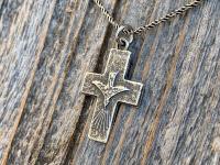 Sterling Silver Small Descending Holy Spirit Cross Pendant Necklace, Antique Replica, Descending Dove Fire Medal, Veni Sancte Spiritus, C1