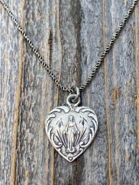 Sterling Silver Dainty Blessed Virgin Mary Heart Pendant Necklace, French 19th Century Antique Replica, Small Our Lady Medallion, France, H3