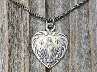 Sterling Silver Dainty Blessed Virgin Mary Heart Pendant Necklace, French 19th Century Antique Replica, Small Our Lady Medallion, France, H3