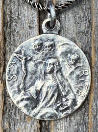 Sterling Silver St Rita of Cascia Medal Pendant Necklace, Antique Replica Saint Rita Charm from France, Saint of the Impossible Pray for Us