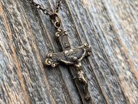 Bronze Sacred Heart of Jesus Crucifix, Pendant Necklace, Antique Replica, Large Bronze Crucifix Cross, Big Sacred Heart Jesus Medal Pendant