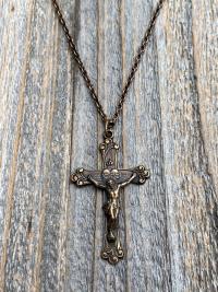 Bronze Sacred Heart of Jesus Crucifix, Pendant Necklace, Antique Replica, Large Bronze Crucifix Cross, Big Sacred Heart Jesus Medal Pendant