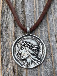 Silver Pewter Crowned Jesus Medal Pendant Necklace, French Antique Replica, By artist Augis & Mazzoni, Rare Jesus Christ Pendant from France