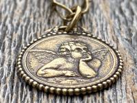 Antique Gold Dainty Angel Medal Pendant Necklace, French Antique Replica, Signed by artist Brandt, Putti Medallion Pendant from France