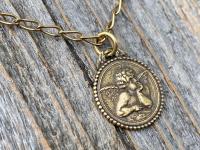 Antique Gold Dainty Angel Medal Pendant Necklace, French Antique Replica, Signed by artist Brandt, Putti Medallion Pendant from France