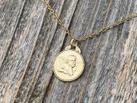 Shiny Gold Dainty Angel Medal Pendant Necklace, French Antique Replica, Signed by artist Brandt, Putti Medallion Charm Pendant from France