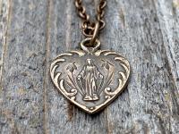 Bronze Small Blessed Virgin Mary Heart Pendant Necklace, French 19th Century Antique Replica, Dainty Our Lady Heart Medallion from France H3