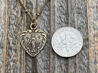 Antique Gold Dainty Blessed Virgin Mary Heart Pendant Necklace, French 19th Century Antique Replica, Small Our Lady Medallion from France H3