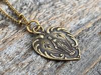 Antique Gold Dainty Blessed Virgin Mary Heart Pendant Necklace, French 19th Century Antique Replica, Small Our Lady Medallion from France H3