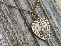 Antique Gold Dainty Blessed Virgin Mary Heart Pendant Necklace, French 19th Century Antique Replica, Small Our Lady Medallion from France H3