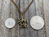 Antique Gold Plated John 3:16 Pendant Necklace, Antique Replica, John 3 16, For God so loved the World that He gave His One and Only Son