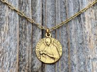 Antique Gold Plated St Gerard Majella Medal Pendant Necklace, French artist Charl, Antique Replica, Saint of Expectant Mothers, of Fertility