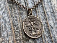 Bronze St Michael the Archangel & Guardian Angel Medal Pendant Necklace, Antique Replica, Two-Sided Protection Medal Pendant, Arcangel Michel